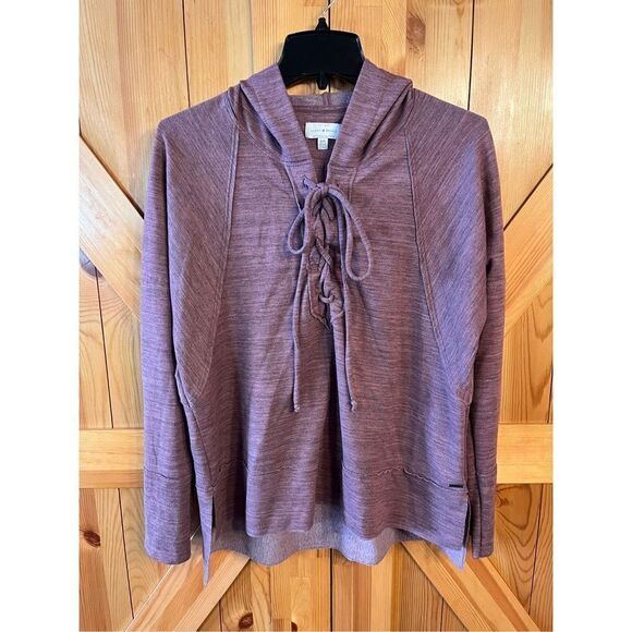 Lucky Brand Heather Mauve Fleece Hooded Lace Up Pullover Top Size Medium (2384) - Picture 1 of 5